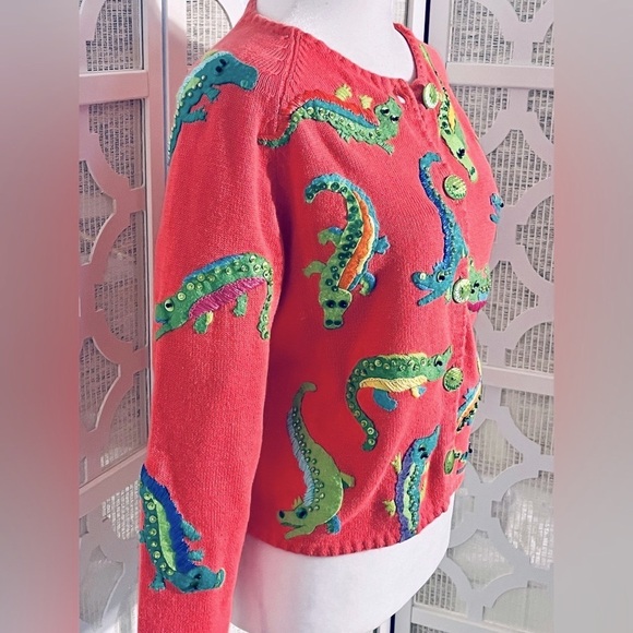 ALLIGATOR CARDIGAN SWEATER MICHAEL SIMON SMALL RETRO CROCODILE ANIMAL PRINT - Picture 2 of 16